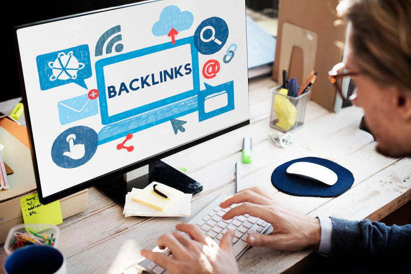 A man in front of a monitor displaying backlinks strategy
